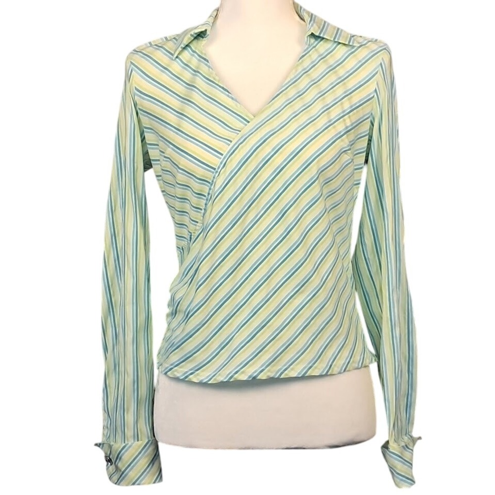 KYE S Korean Designer Green Striped‎ Wrap Blouse Long Sleeve Swarovski Crystal